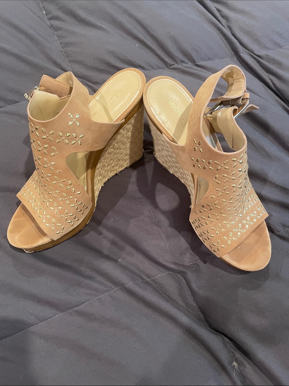 Michael Kors Tan Suede Studded Espadrille Wedge Sandals